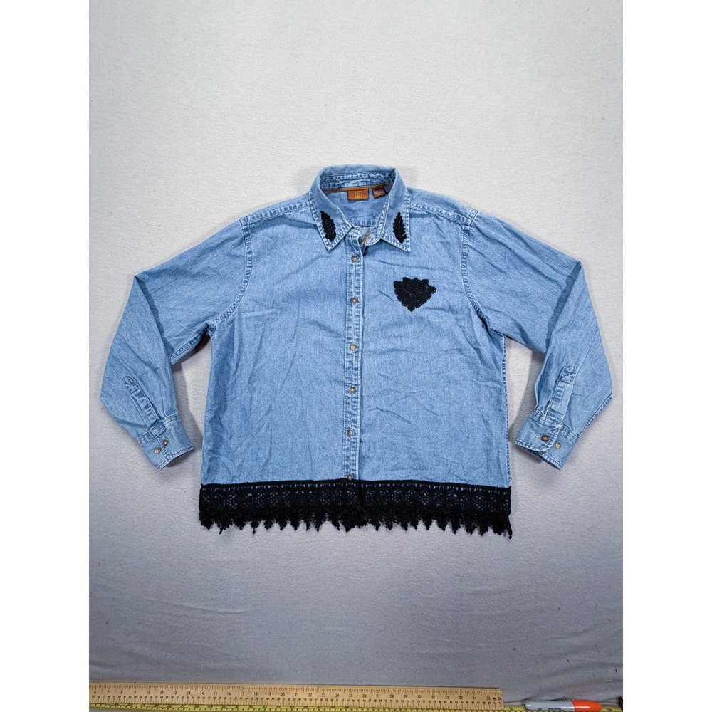 Harriton Women Shirt Regular Light Wash Lace Trim Embroidered Denim XL